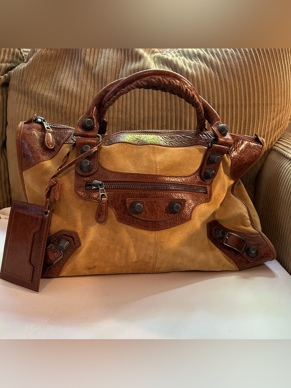 Balenciaga Work Bag Large Camel Suede Brown Leather RARE AUTHENTIC